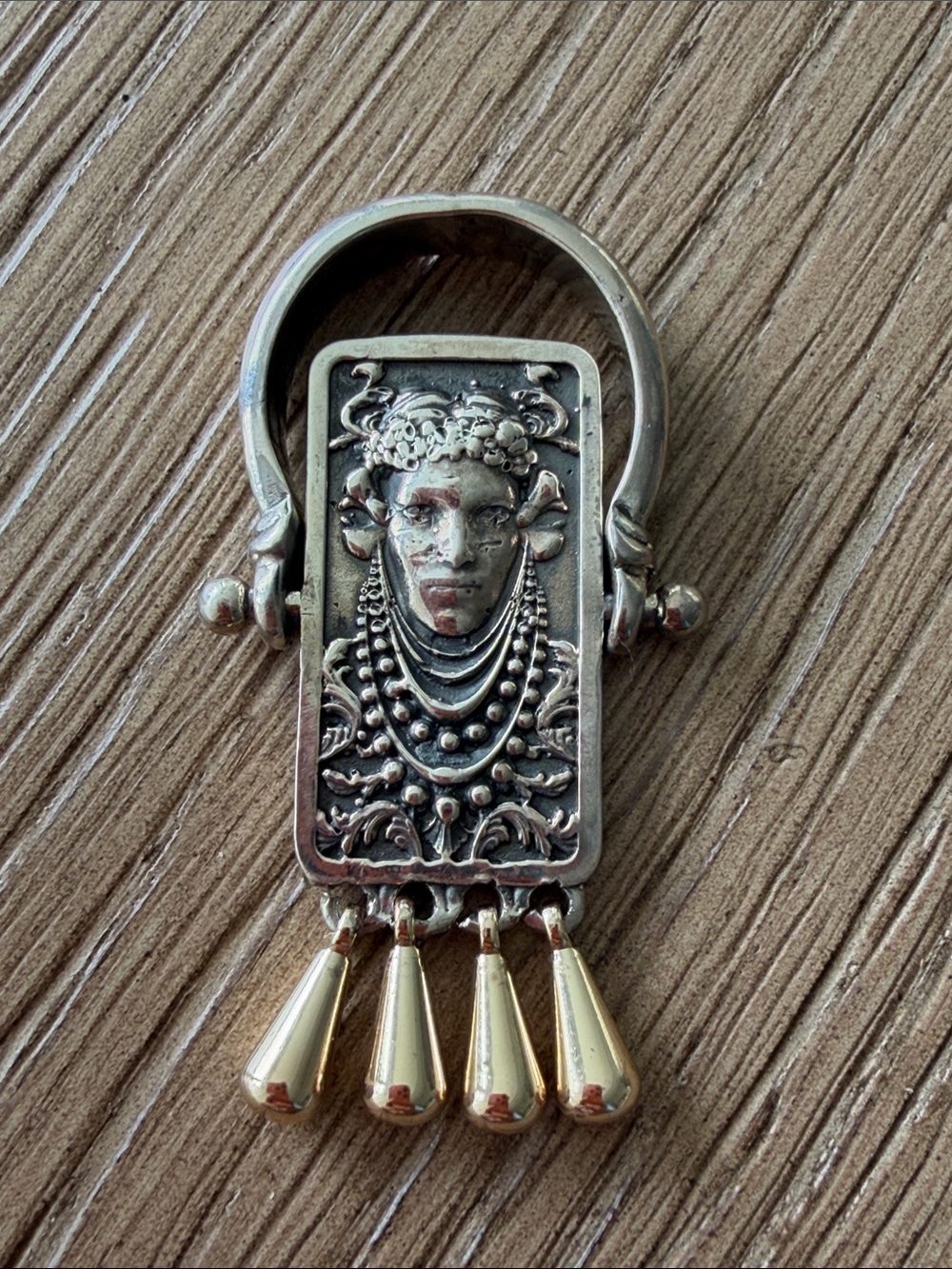 Two-sided, Reversible, Silver Ethnic-Face Ring with Gold-Tone Drops, size 7